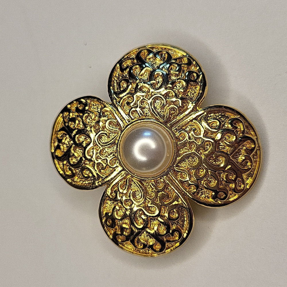 Ornate Gold Brooch with Pearl Accent